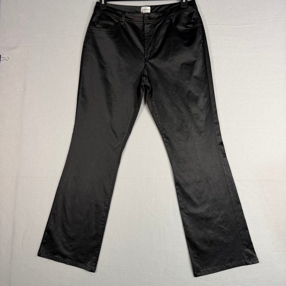 Chico's Satin Bootcut Pants Size 8 Black Stretch 5-Pocket Dress Trousers Regular
